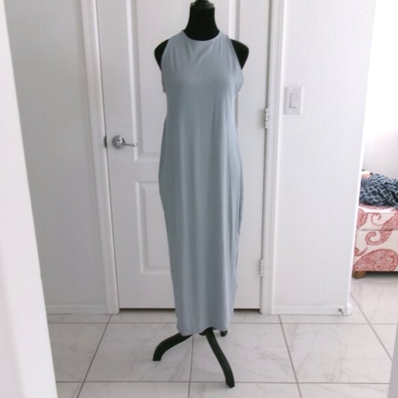 New H&M Ribbed Open Twist Back Sleeveless Midi Dress Soft Stretchy Grey Blue L - Picture 3 of 11
